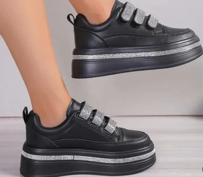 New Women Luxury Rhinestones Black Platform Wedge Shoes Soft Soles - Image 1 of 4
