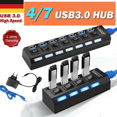 Hub USB 3.0 4/7 Porte Sdoppiatore Adattatore con Alimentatore Attivo Sdoppiatore per PC Portatile - Immagine 1 di 4