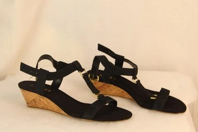 Sandalias Ralph Lauren para mujer talla 7 Liani corcho cuña gamuza negra Foto 1 de 4