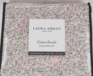 New King 100% Cotton Percale Crisp Cool Sheet Set Laura Ashley Pink Loveston - Picture 1 of 6