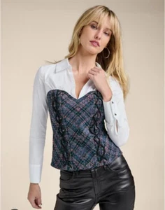 Venus Corset Style Blouse Sz 6 Bustier Overlay & White Shirt Y2K Goth Tweed - Picture 1 of 11