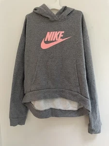 Nike Kids Girls Pink Logo Cozy Cotton Blend Long Sleeve Hoodie Heather Gray XL - Picture 1 of 5