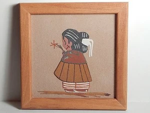 VINTAGE SAND PAINTING LITTLE GIRL W/ FLOWER FRAMED ESTATE - Picture 1 of 2