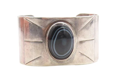 925 Sterling Silver  Vintage Agate Shiny Etched Wide Cuff Bracelet  BT1554 Foto 1 de 4