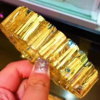 NaturalGold RutilatedQuartzGemstone Crystal Rectangle Bead Bangle Bracelet AAAAA - Image 1 of 4