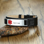 Personalized Id Ice Genuine Leather Medical Alert Nameplate Bracelet Cuff Bangle