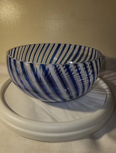 Italian Blue White Striped Glass Bowl 8"x4" Planter/Vase/Italy Handmade Eastern - Picture 1 of 7