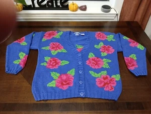EP PRO Womens Cardigan Sweater Top L Blue Flowered Button Up V-Neck Lng Sleeves - Picture 1 of 12