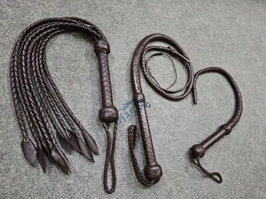 Top Cowhide Leather Set 4 Feet Bullwhip 31'' Kinky Whip & 9 Tails Stingy Flogger - Picture 1 of 26