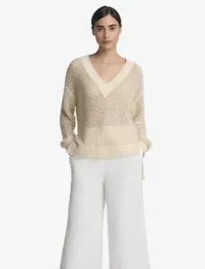 ST. JOHN SLUB POINTELLE KNIT SWEATER Size Large ECRU/GOLD - Picture 1 of 7