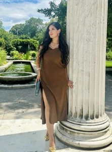 LINE & DOT Satin cowl neck Brown dress NEW Cocktail Spring side slit dress - Picture 1 of 13
