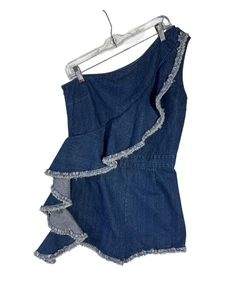 Do+Be Women’s One Shoulder Denim Romper Small Blue Jean Ruffle Shorts Party - Picture 1 of 9