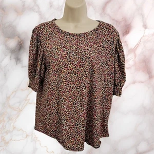 Kim & Cami Womens Medium Multicolor Floral Top Short Puff Sleeves Stretch GG - Picture 1 of 6