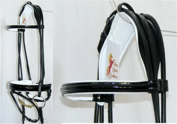  FSS Немецкая СВЕРНУТАЯ ЧЕРНАЯ ЛАКИРОВАННАЯ Глянцевая Комфортная Шатуна БЕЛАЯ С ПОДКЛАДКОЙ Уздечка Выездка - Изображение 1 из 1