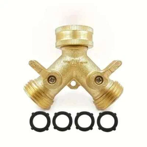 Water Hose Splitter Heavy Duty, 2 Way Solid Brass Y Valve Garden Connector - Picture 1 of 3