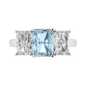 4Ct Emerald Cut Natural Aquamarine Three Stone Engagement Ring, 14K White Gold - Picture 1 of 11