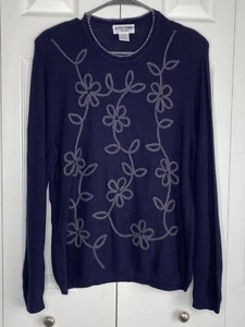 Alfred Dunner Sweater Waffle Knit Women's 3D Floral Vintage Navy Blue White PM - Picture 1 of 3