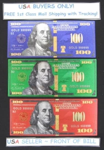 Lot of 3 New Style BLUE-GREEN-RED & Gold 24K Gold Foil 100 Dollar Bill FREE SHIP - Picture 1 of 9