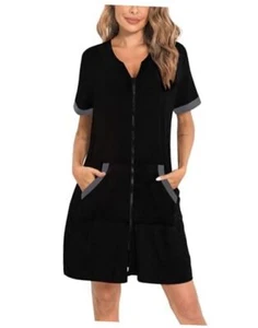 Women Zipper Up Robe Short Sleeves Nightgown Zip Front Housecoat X-Large Black - Picture 1 of 7
