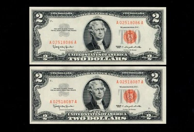 2 Pcs $2 1963 United States Note Red Seal GEM UNC X 2 Sequentially Numbered (H74 - Image 1 of 2