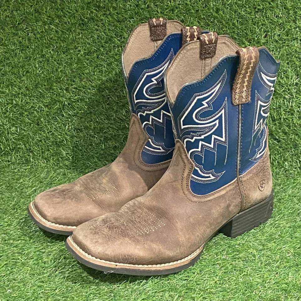 Caneta de classificação juvenil Ariat botas ocidentais biqueira quadrada azul couro marrom / EUA tamanho 5 - Imagem 1 de 1