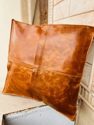 Puf otomano marroquí de cuero de cabra genuino hecho a mano de colección Foto 1 de 4