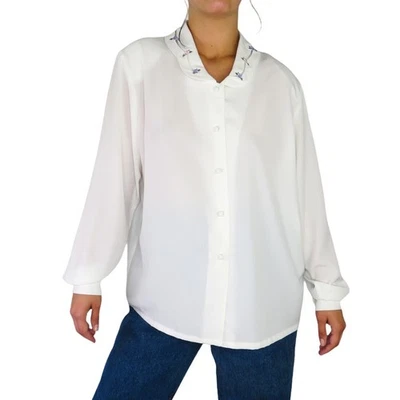 Blusa blanca vintage años 80 Koret flores bordadas en el cuello casa grande Foto 1 de 4