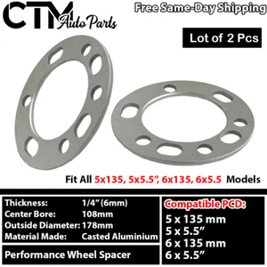2Pcs 1/4"(6mm) THICK 5x5.5 5x139.7 6x135 6x5.5 6x139.7 PERFORMANCE WHEEL SPACER - Picture 1 of 3