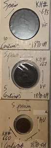 1870 Spain One 1, 5 & 10 Centimos Very Fine VF - AU Condition 3 Coin Lot - Picture 1 of 12