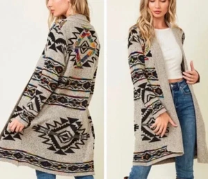 Northern Angel Women Sweater Gray Aztec Southwestern Cardigan Open Front M - Picture 1 of 8