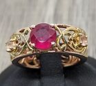 TJC RJ Sterling Silver Gold Rose Wash Ruby White Sapphire Scrollwork Ring Size 7