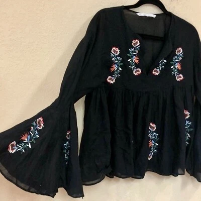 ZARA Tunic Top Small Black Cotton Blend Embroidered Flared Sleeve Tassel - Image 1 of 4