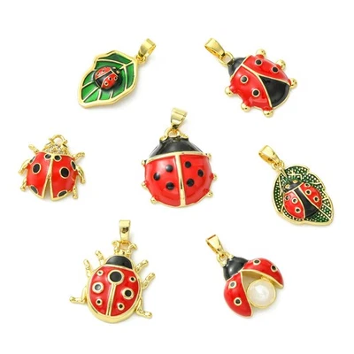7x Dijes colgantes de latón esmaltado rojo Ladybug para pendientes collar fabricación de joyas Foto 1 de 4