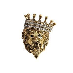 Lion Head Brooch Crystal Crown Lapel Pin Vintage Animal Suit Shirt Collar Pins