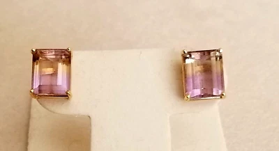 Aretes de oro amarillo de 14K ametrino corte esmeralda natural de 11x9 mm 4,2 gramos Foto 1 de 4