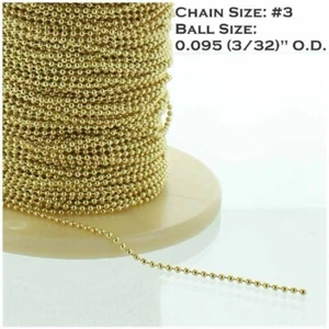 NEW:  #3 BRASS PLATED STEEL BEADED PULL CHAIN SOLD BY THE FOOT (12 INCHES) - Picture 1 of 3