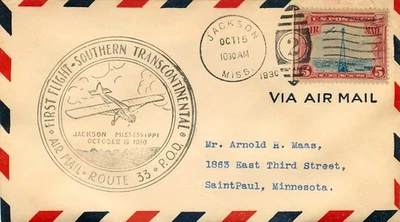 1930, FIRST FLIGHT, SOUTHERN TRANSCONTINENTAL ROUTE 33, P.O.D., Air Mail - Image 1 of 2