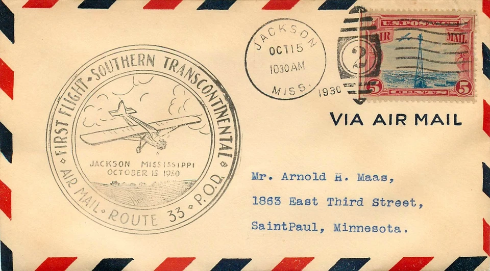 1930, FIRST FLIGHT, SOUTHERN TRANSCONTINENTAL ROUTE 33, P.O.D., Air Mail - Image 1 of 2