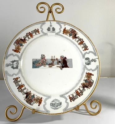 ANTIGUO ~ PLATO DE CENA DE 11" ~ HOTEL OREGON ~ PATRÓN DE AUTOBÚS COLONIAL ~ aprox. Años 20 Foto 1 de 4
