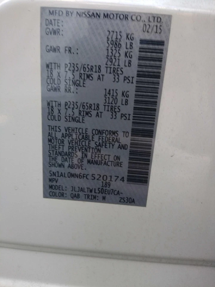 2015 INFINITI QX60 Rack and Pinion Assembly White OEM 109K Miles FWD Foto 1 de 3