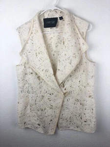 Per Se Vest SZ14 Open Crochet Wool Blend One Button Collar Ivory Christmas A8 - Picture 1 of 6