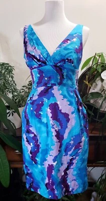 Vestido para mujer B DARLIN 7/8 azul multicolor geométrico cuello en V hasta la rodilla elástico Foto 1 de 4