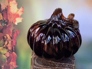 5" Glass Pumpkin purple  w/ copper glitter  Swirls  Halloween  Fall Thanksgiving - Picture 1 of 5