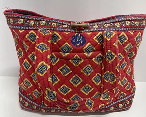 Vera Bradley Vtg Tote Bag Wood Toggle Closure Red Quilted Diamond Floral Print - Picture 1 of 9