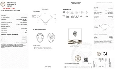 Lab Grown 2.13 Ct PEAR Cut IGI Certified CVD Diamond G Color SI1 WITH FREE SHIP. - Image 1 of 4