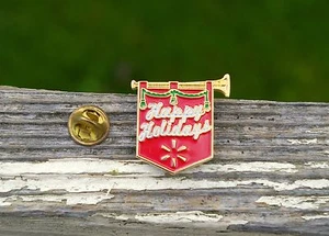 Happy Holidays Horn Banner Gold Tone Metal & Enamel Pin Pinback 2009 Wal-Mart - Picture 1 of 6