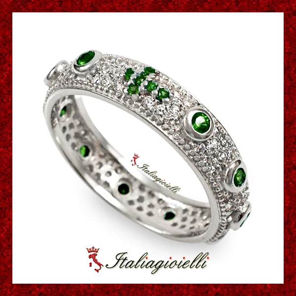 Prezioso Anello Rosario Brillante con Smeraldi in Argento 925 Rodiato Oro Bianco - Immagine 1 di 4