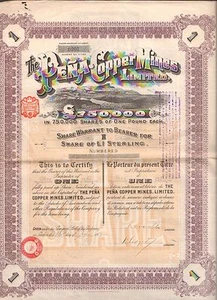 DECO => titre 1 action: THE PENA COPPERS MINES LTD (ESPAGNE) (T) - Picture 1 of 1