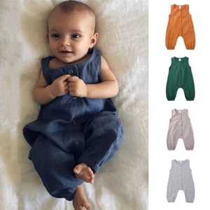 Infant Baby Girls Boys Linen Sleeveless Romper Outfits Jumpsuit Bodysuit Clothes - Picture 1 of 17