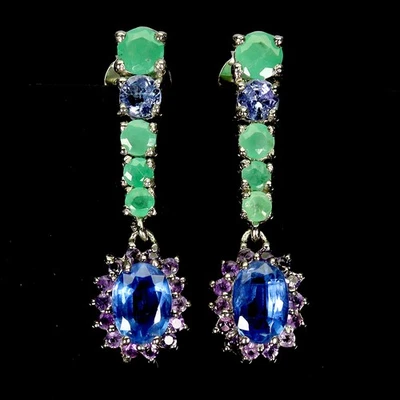 925 Sterling Silver Earrings Oval Kyanite Amethyst Emerald Gemstone Jewelry - Image 1 of 4